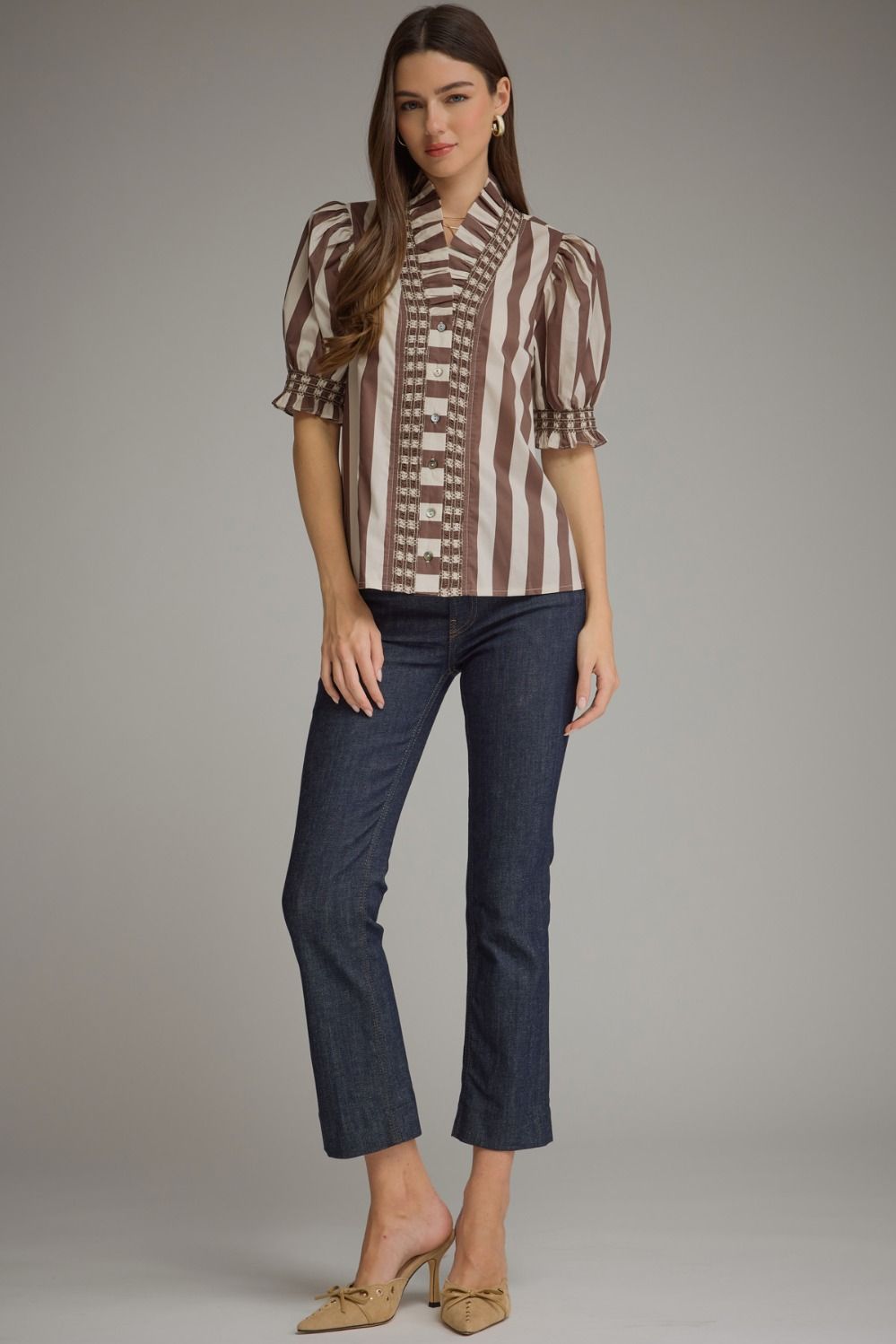 Entro - Top - Puff Sleeve Ruffle Neck - Brown Ecru Stripe - Findlay Rowe Designs