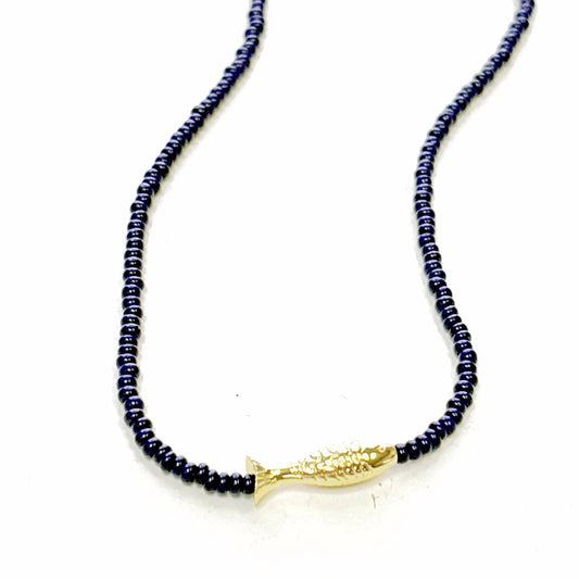 The Silver Wren - Necklace - Lucky Fish Beaded - Navy 16in - Findlay Rowe Designs