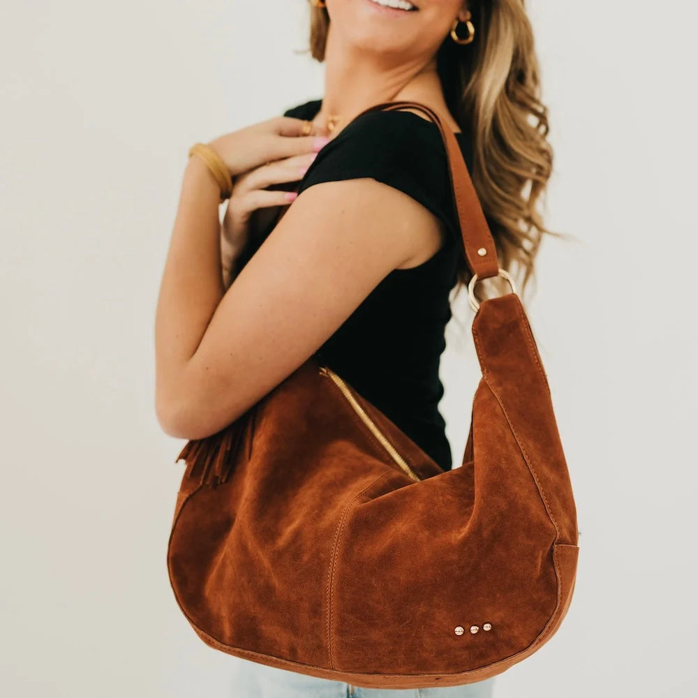 Pretty Simple Bags - Hazel Hobo Shoulder Bag with Tassel - Chocolate Suede - Findlay Rowe Designs