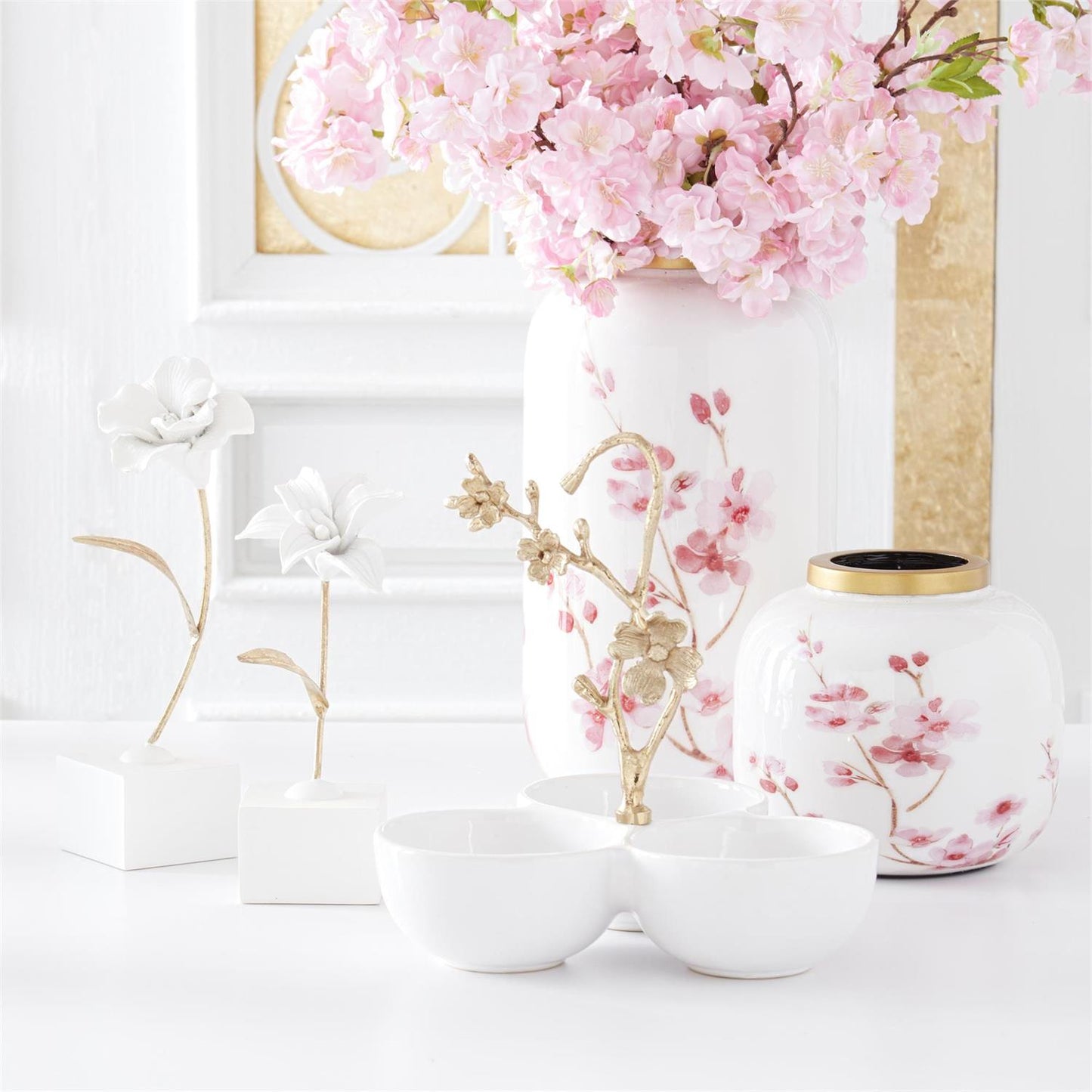White Resin Gold Metal Stem Flowers on Base - Findlay Rowe Designs