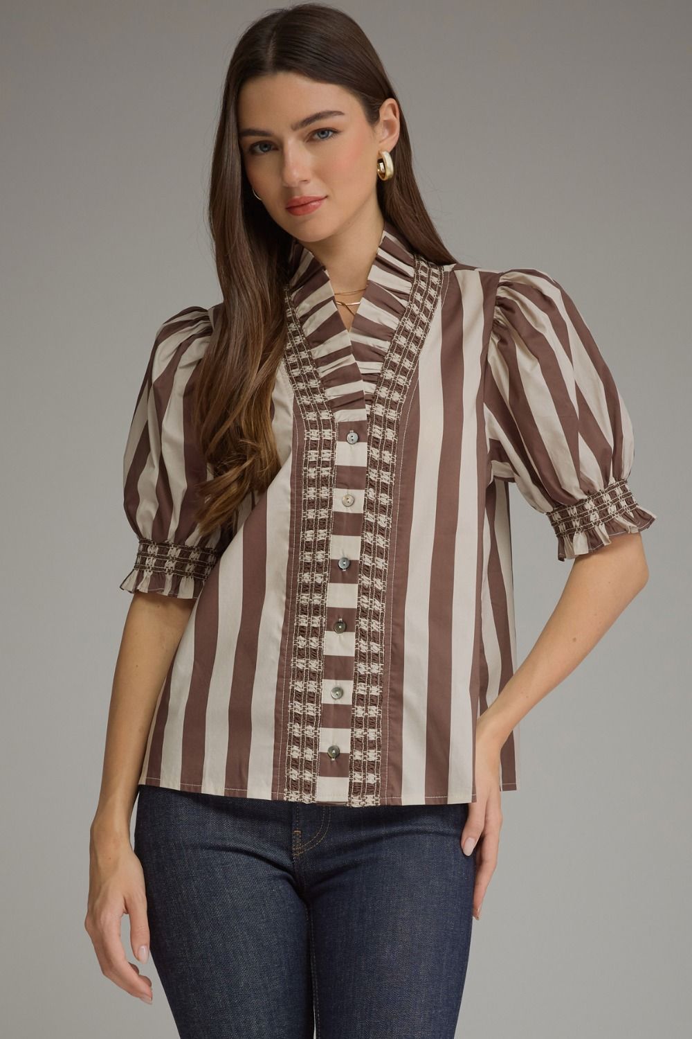 Entro - Top - Puff Sleeve Ruffle Neck - Brown Ecru Stripe - Findlay Rowe Designs