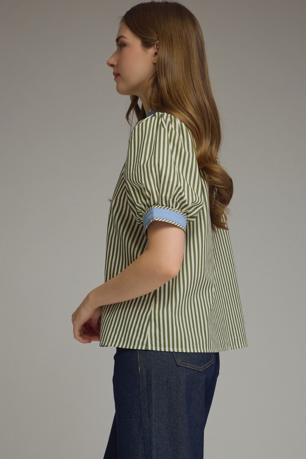 Entro - Top - V-Neck Puff Contrast Binding - Olive - Findlay Rowe Designs