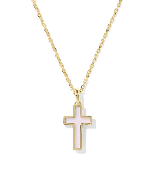 Kendra Scott - Necklace - Cross Gold Pendant - Matte Blush Pink Dichroic Glass