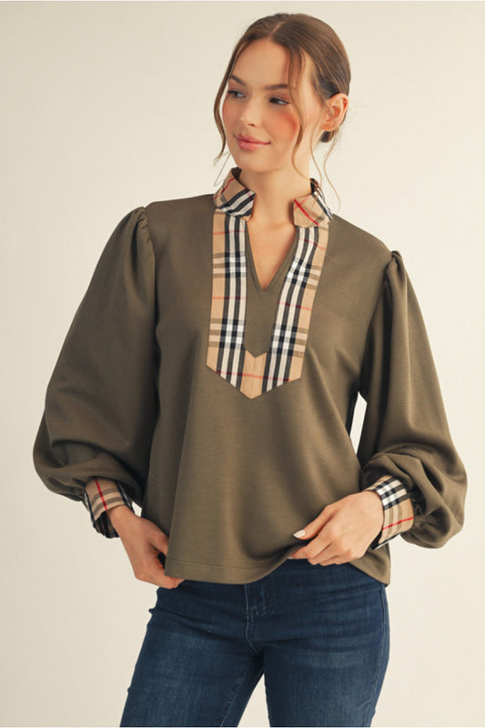 Top - Long Cuff Sleeve - Plaid Contrast