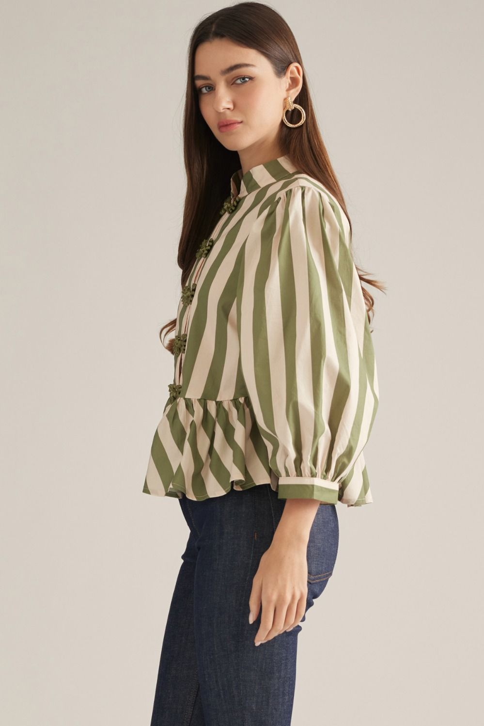 Entro - Top - Three Quarter Sleeve Frog Button - Olive Stripe - Findlay Rowe Designs