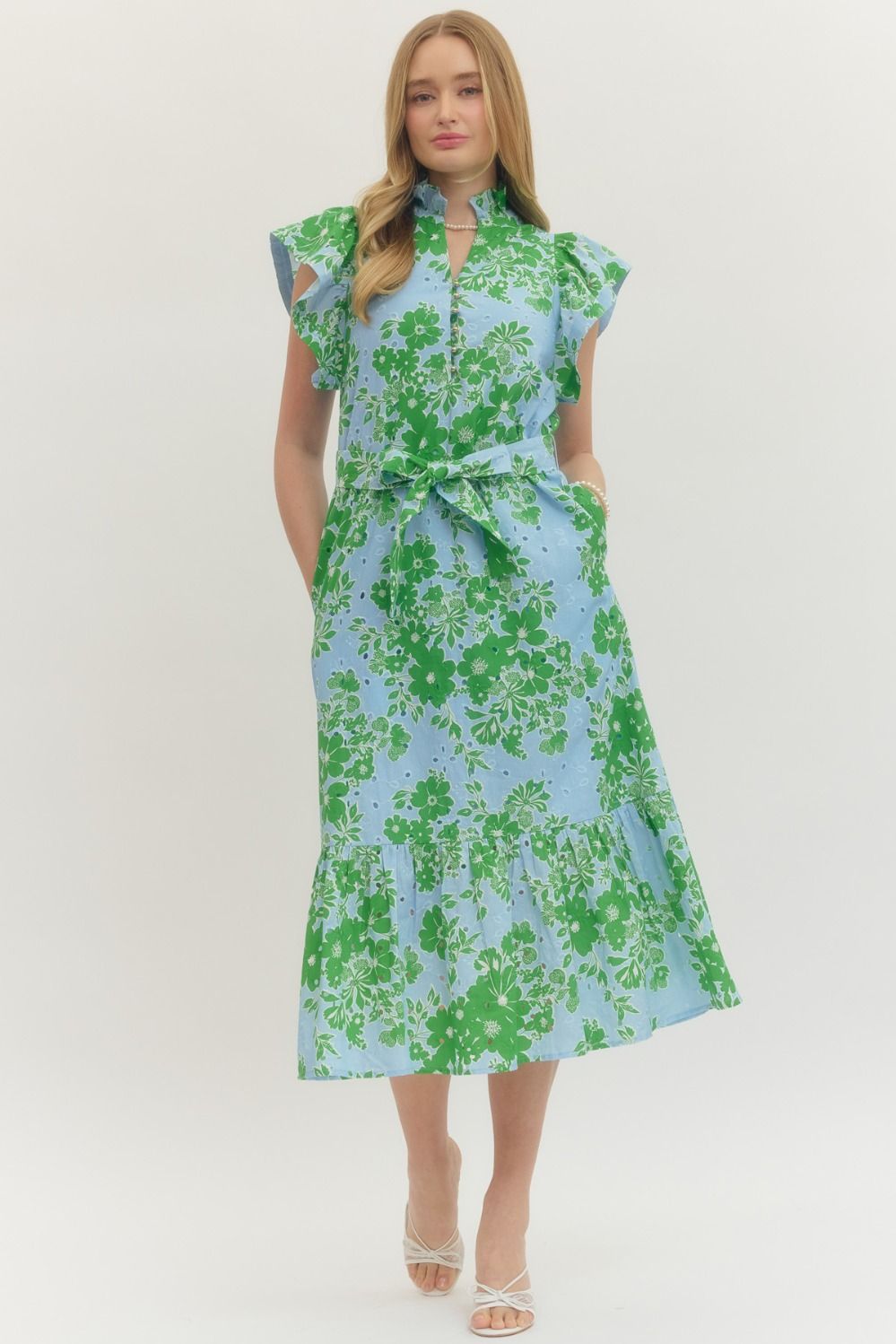 Entro - Dress - Midi V-neck Flutter Sleeve - Blue - Findlay Rowe Designs