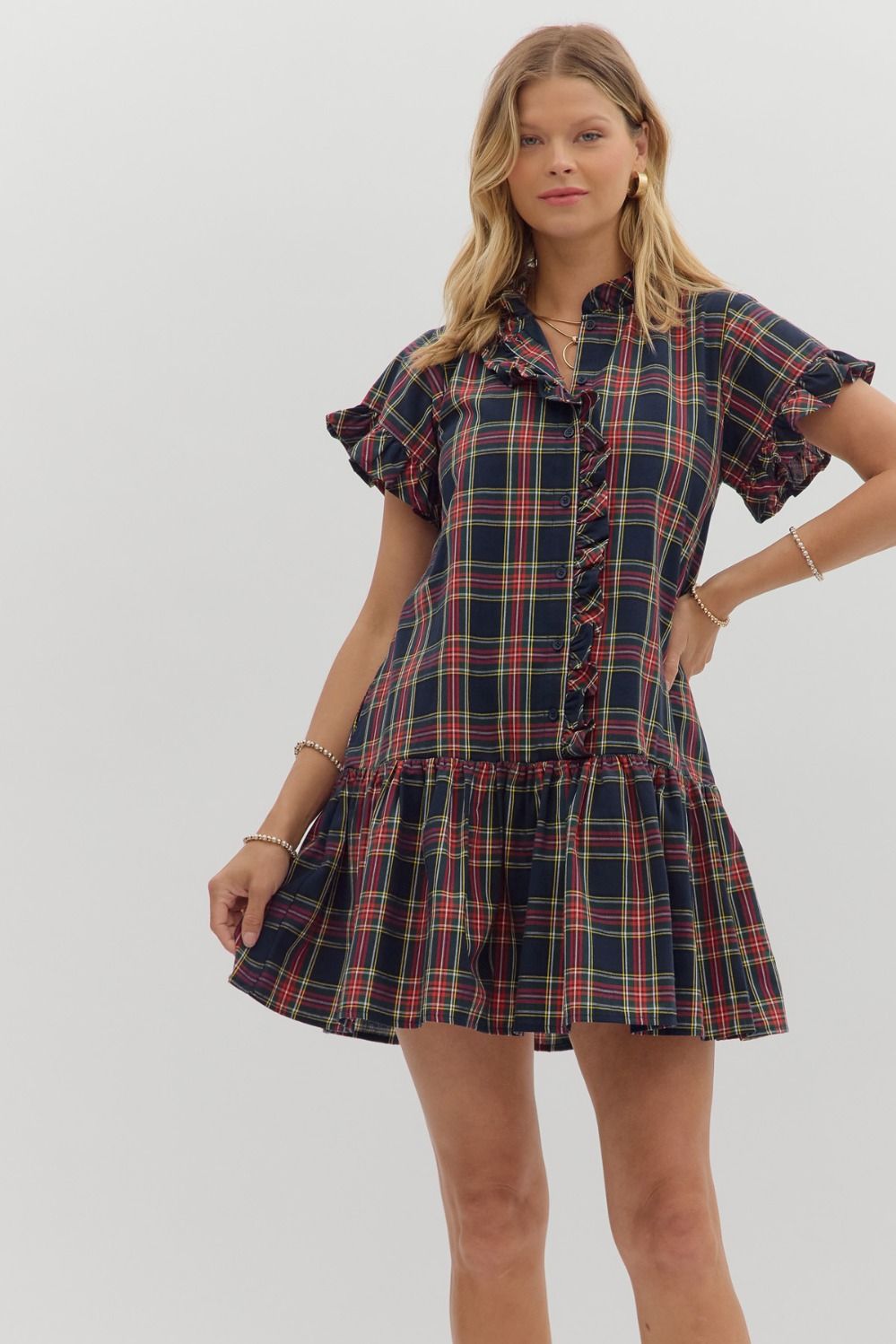 Dress - Plaid Ruffle Mini - Navy