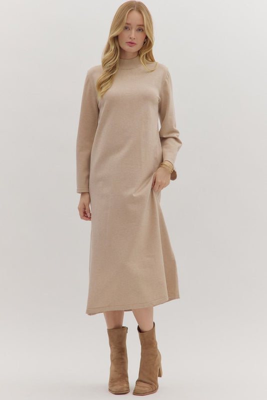 Entro - Dress - Mock Neck Long Sleeve Midi - Sand