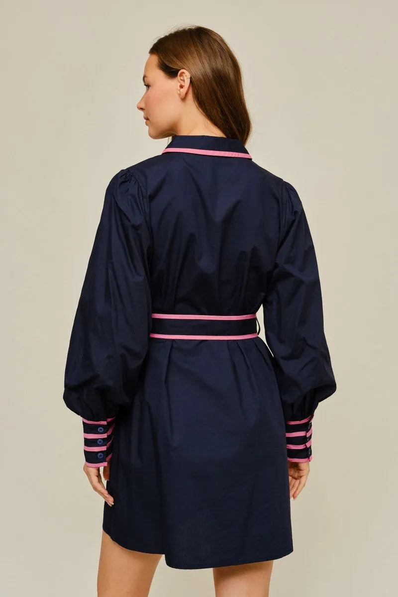Jodifil - Dress - Mini Bishop Sleeve - Pink Contrast - Navy - Findlay Rowe Designs