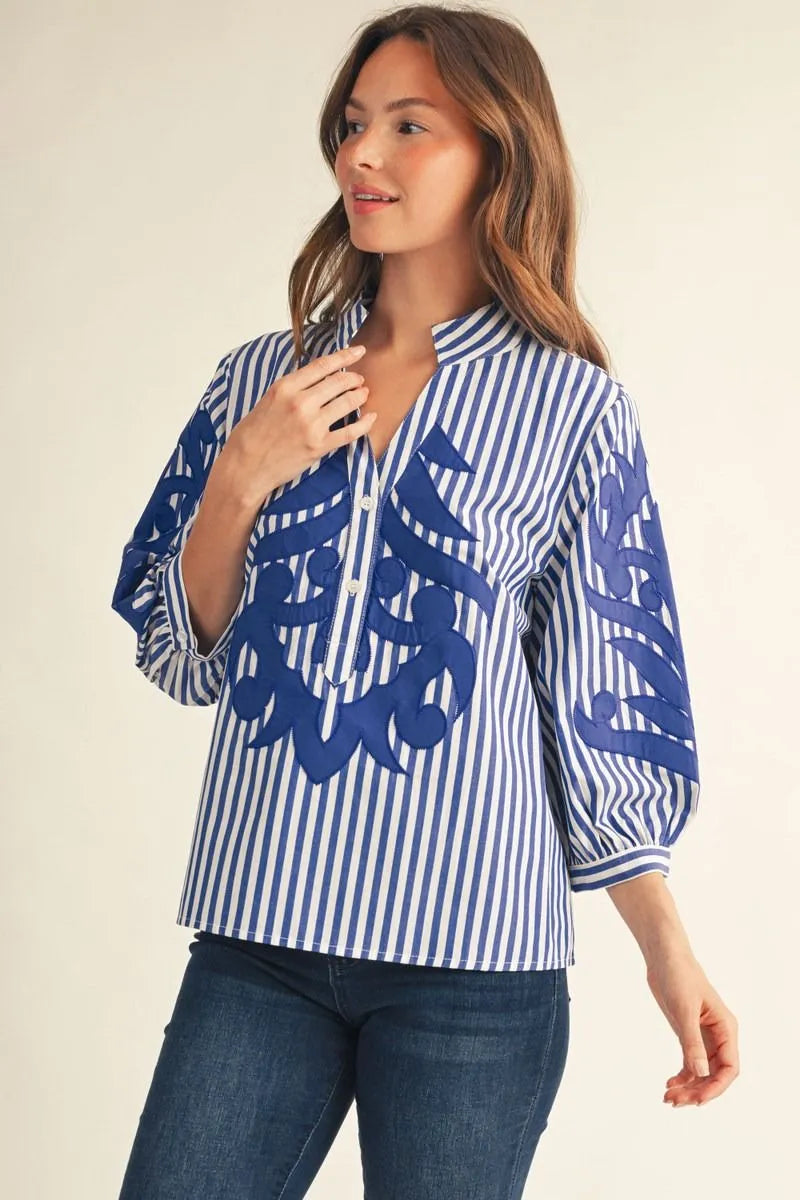 Jodifil - Top - 3/4 Sleeve Baroque - Blue Stripe - Findlay Rowe Designs