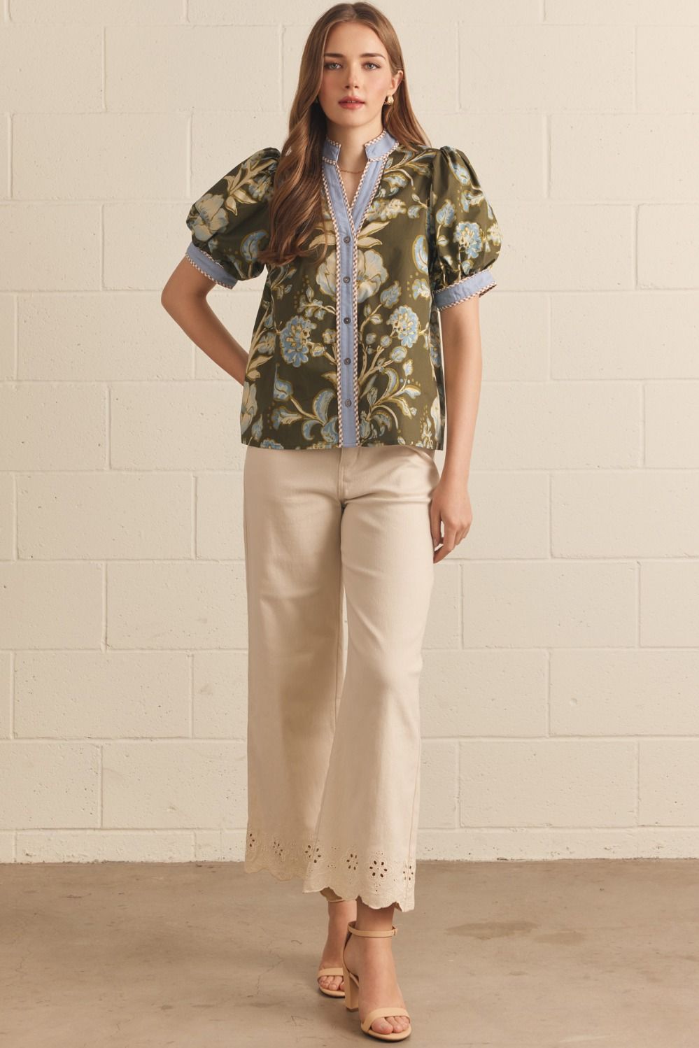 Entro - Top - Puff Sleeve Contrast Binding - Floral Olive - Findlay Rowe Designs