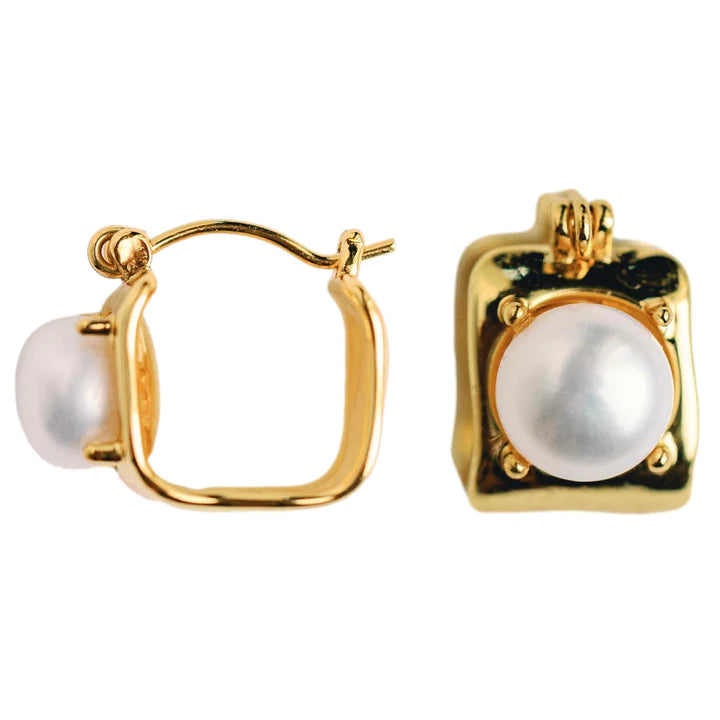 St. Armands- Vintage Mini Square Gold Pearl Huggie Hoop Earrings