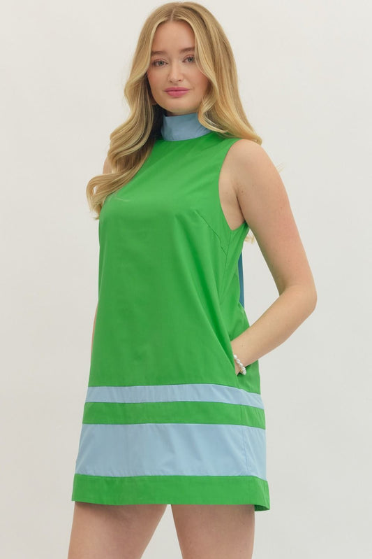 Entro - Dress - Mini - Sleeveless High Neck Bow - Green Light Blue - Findlay Rowe Designs