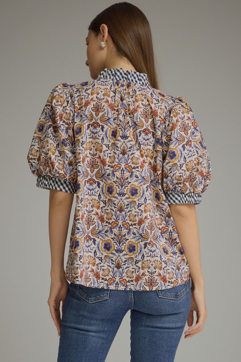 Entro - Top - Puff Sleeve Ruffle Gingham Trim - Floral Ecru - Findlay Rowe Designs