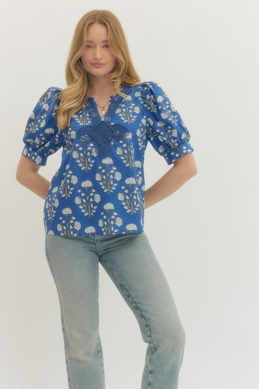 Entro - Top - Floral V Neck - Applique Blue - Findlay Rowe Designs