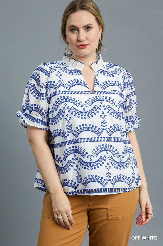 Umgee - Top - Embroidered Puff Sleeve Blouse - Off White Blue