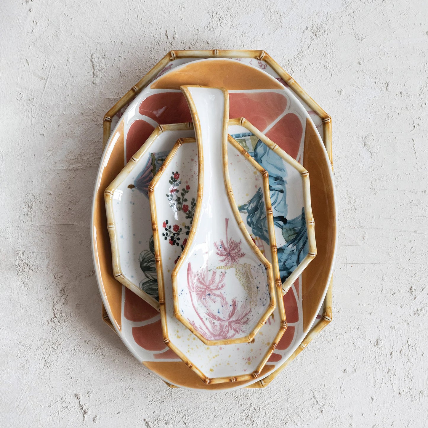 Stoneware Octagon Plate   - Hand-Painted Palm and Pine - Findlay Rowe Designs