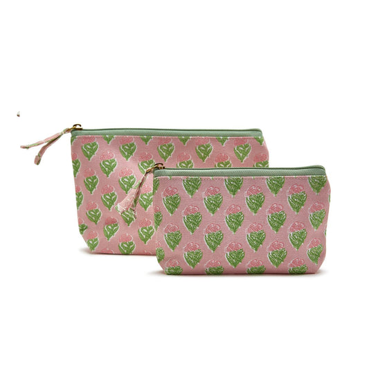 Two's Company- Pink Floral Block Print Pouches