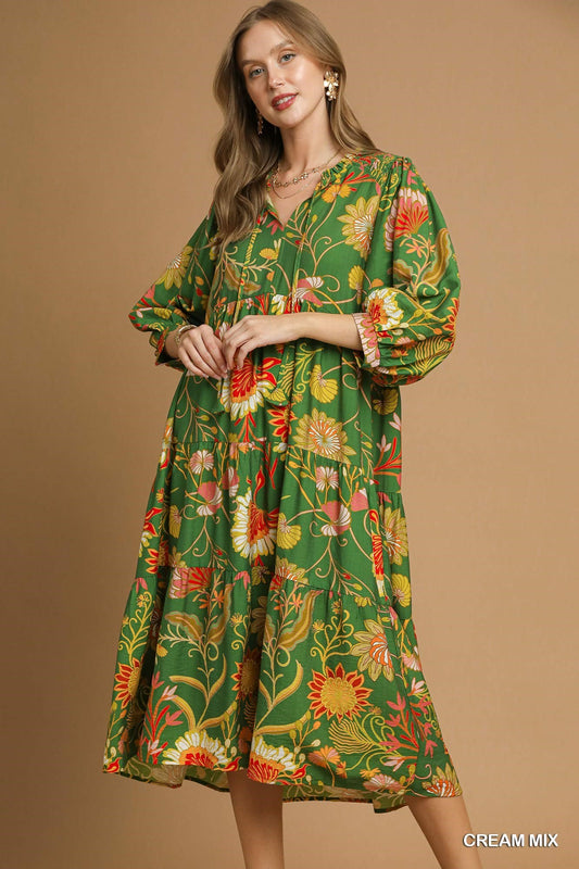 Umgee - Dress - Mix Floral Tiered Midi Dress - Green Mix - Findlay Rowe Designs