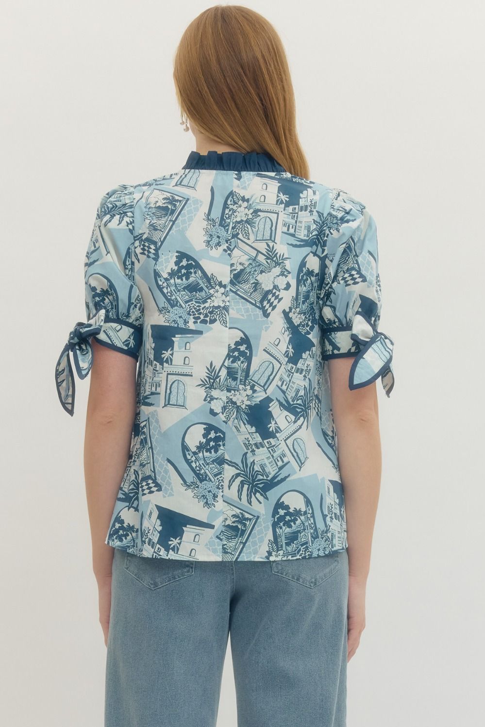 Entro - Top -  V-neck Tie Sleeve - Blue - Findlay Rowe Designs
