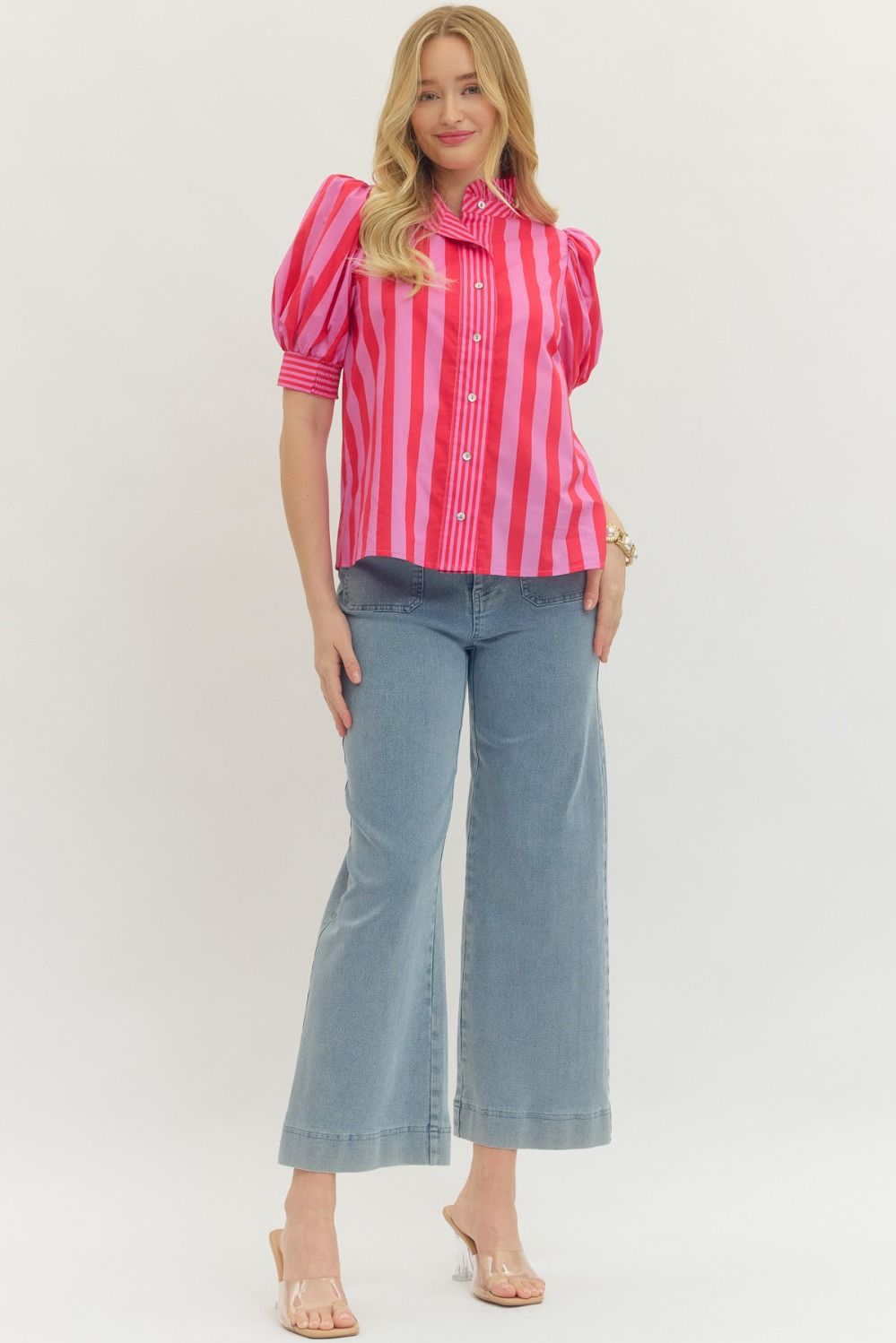 Entro - Top - Puff Sleeve - Pink Red Stripe - Findlay Rowe Designs