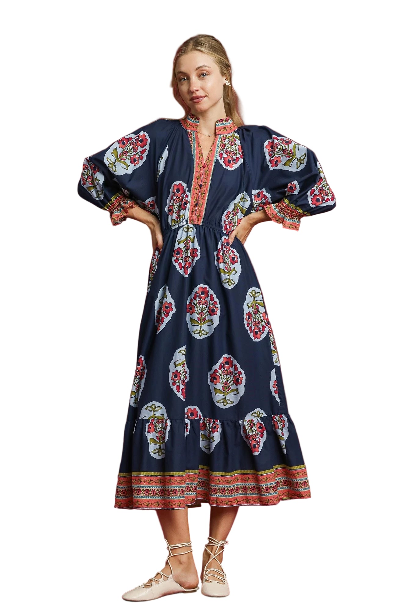 Dress - Flower Patch Border Print V-Neck Midi - Midnight Mix - Findlay Rowe Designs