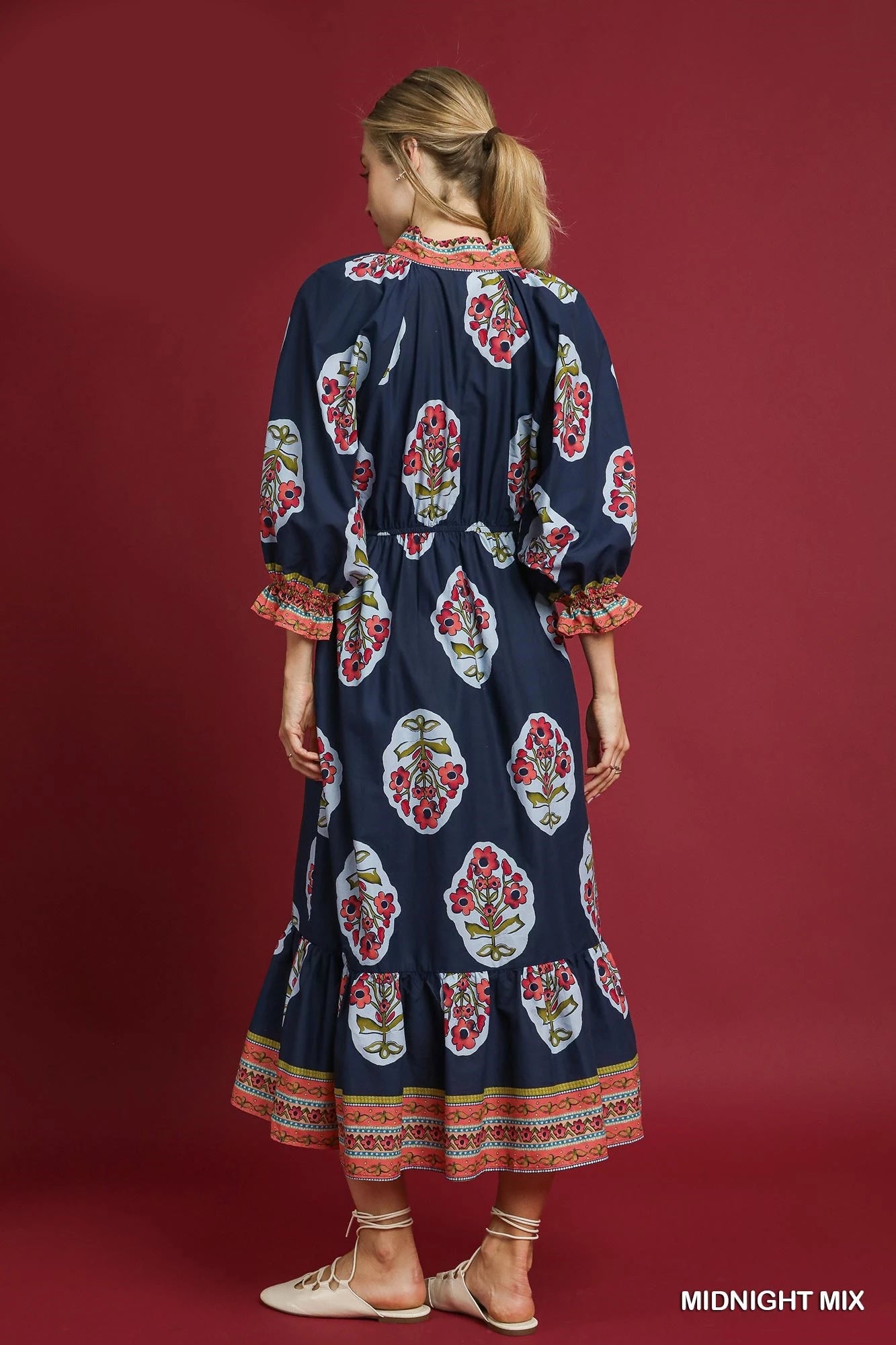 Dress - Flower Patch Border Print V-Neck Midi - Midnight Mix - Findlay Rowe Designs