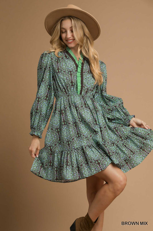 Umgee - Dress - Two Tone Boho Print Long Sleeve - Brown Mint - Findlay Rowe Designs