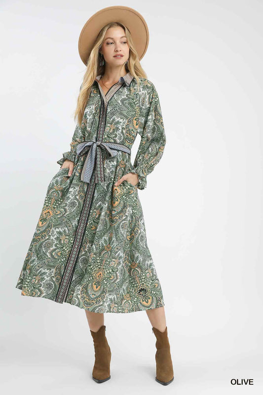 Umgee - Dress - Paisley Mixed Print Belted Midi Shirt - Olive