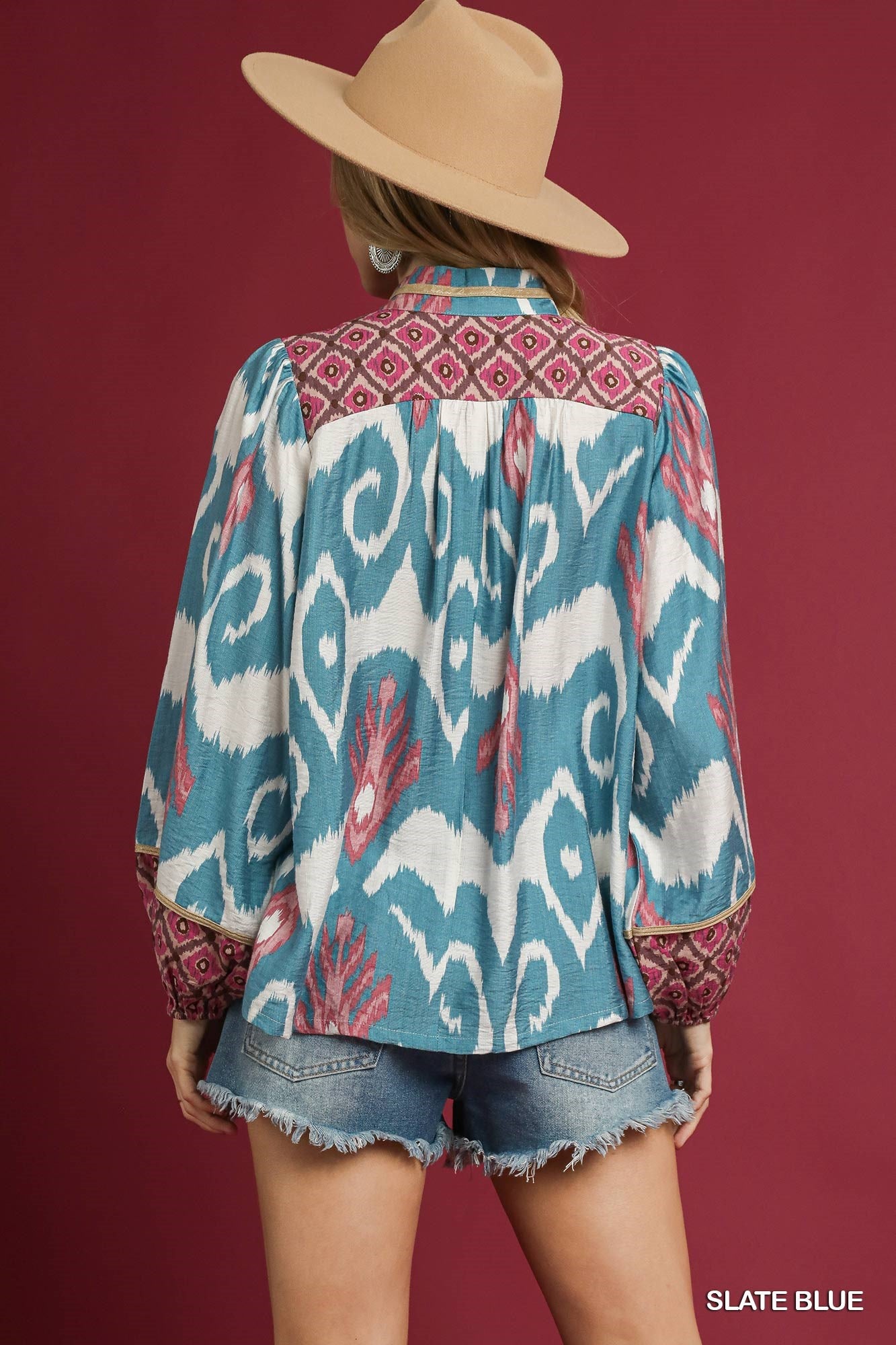 Umgee - Top - Ikat Print Boho Blouse - Slate Blue