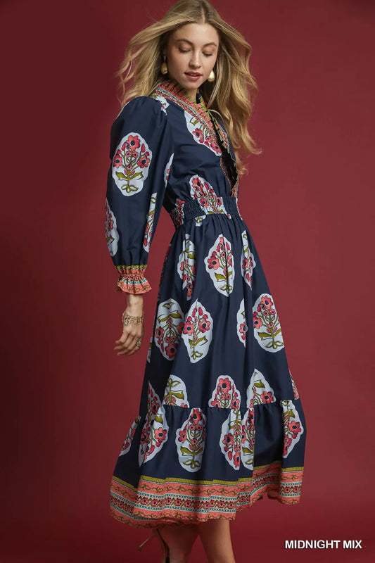 Umgee - Dress - Boho Floral Maxi Ruffle Collar  - Midnight Mix