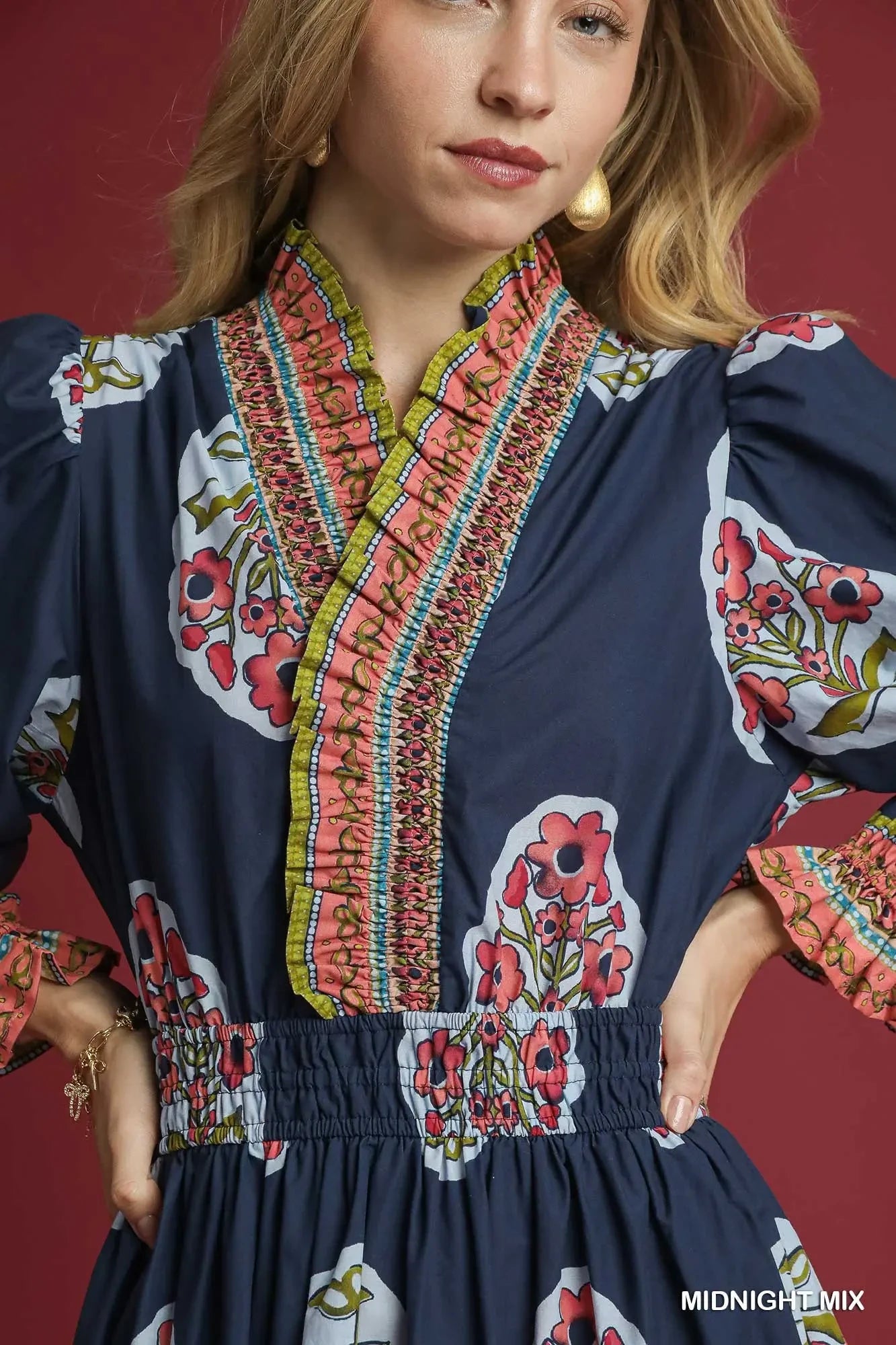 Umgee - Dress - Boho Floral Maxi Ruffle Collar  - Midnight Mix