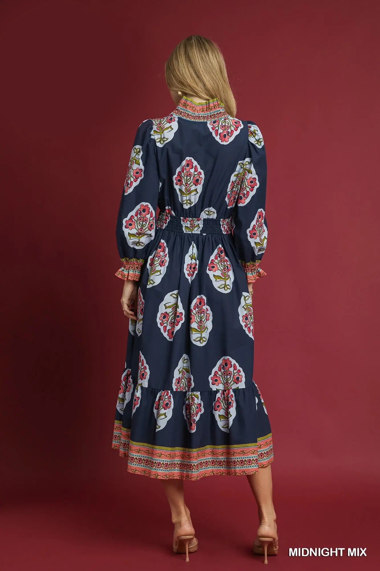 Umgee - Dress - Boho Floral Maxi Ruffle Collar  - Midnight Mix