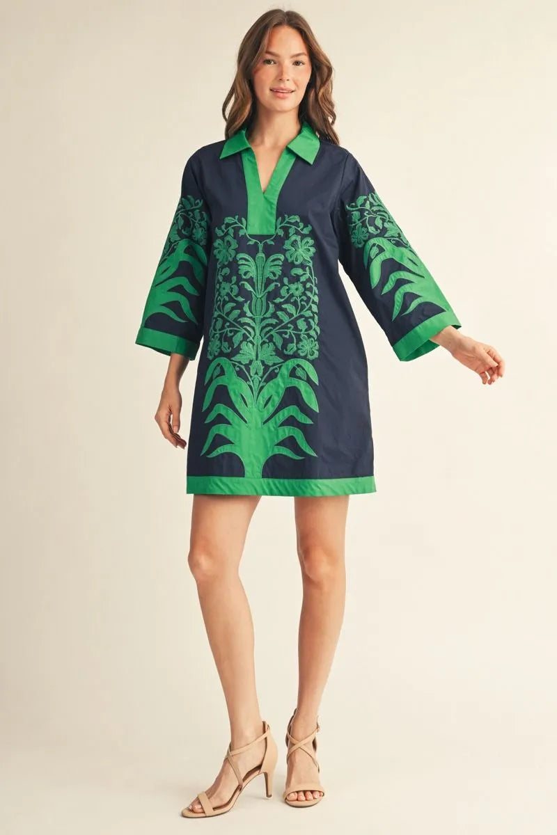 Jodifil - Dress - Mini 3/4 Sleeves Baroque Floral - Navy Green - Findlay Rowe Designs