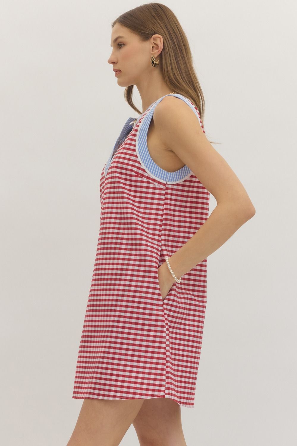Entro - Dress - Mini Sleeveless Gingham Split Neck - Red - Findlay Rowe Designs