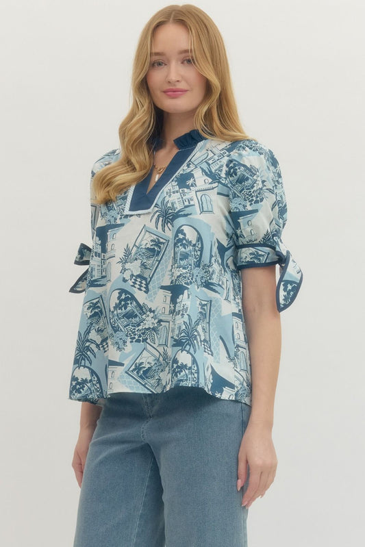 Entro - Top -  V-neck Tie Sleeve - Blue - Findlay Rowe Designs