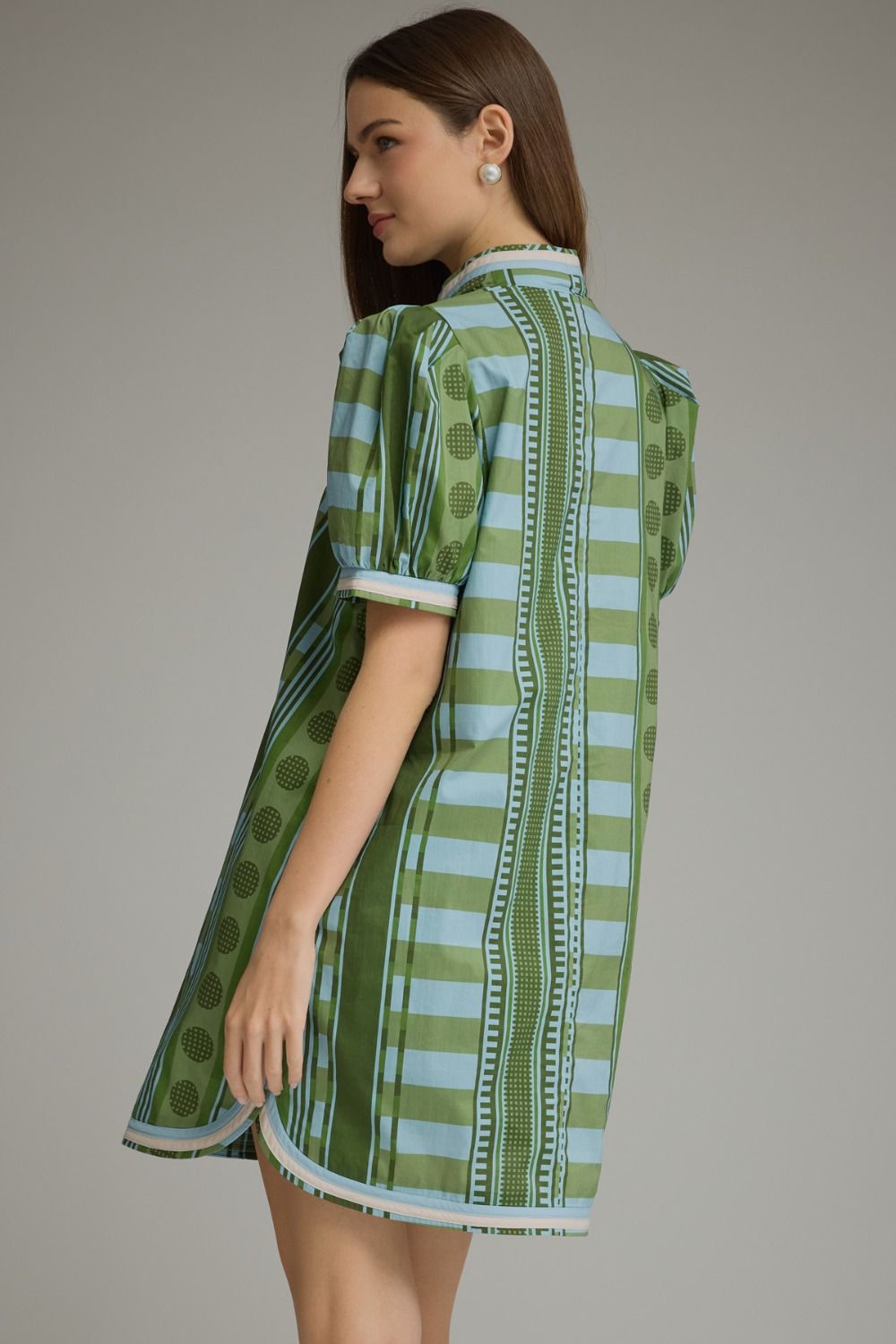 Entro - Dress - Mini V-neck Puff Sleeve - Olive Blue - Findlay Rowe Designs