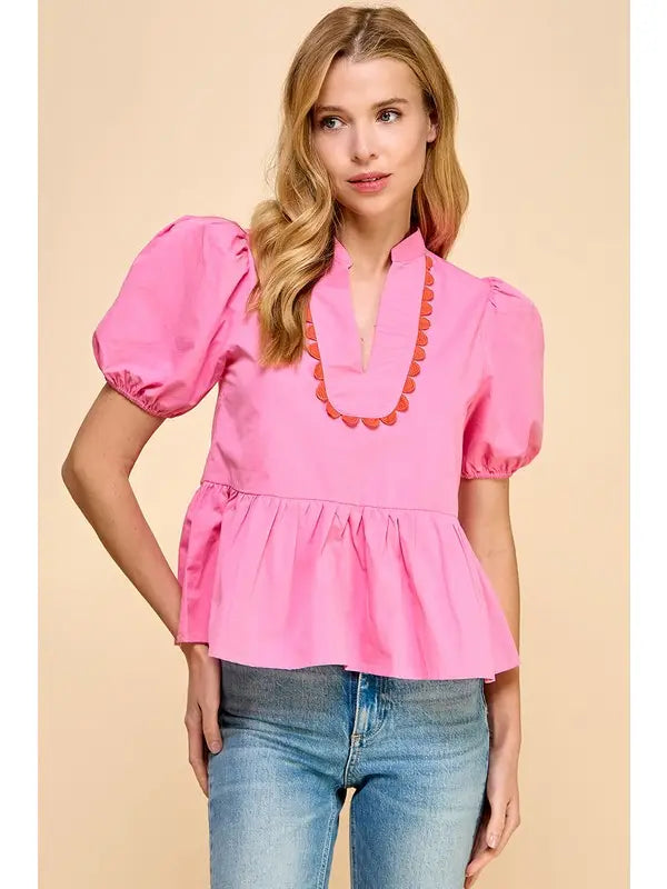 Pink V-Neck Puff Sleeve Top - Findlay Rowe Designs