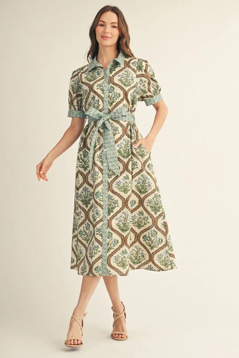 Jodifil - Dress - Midi Short Sleeve Tie Waist - Floral Natural Mix - Findlay Rowe Designs