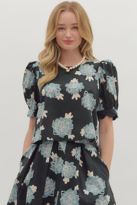 Top - Floral Print Puff Shoulder - Black - Findlay Rowe Designs