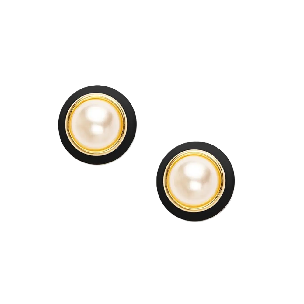 Vioroo - Earring - Enamel Rim Pearl Stud  - Black - Findlay Rowe Designs