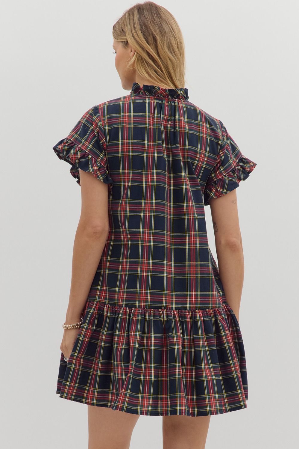 Dress - Plaid Ruffle Mini - Navy