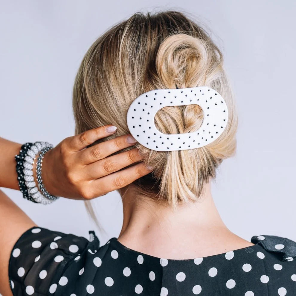 Teleties - Large Flat Round Hair Clip - White Polka Dot - Findlay Rowe Designs