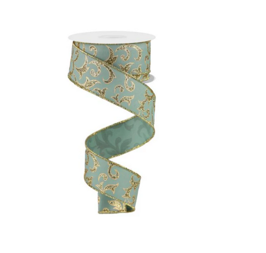 A&B Floral - Ribbon - 1.5in Acanthus Leaf - Sage Gold
