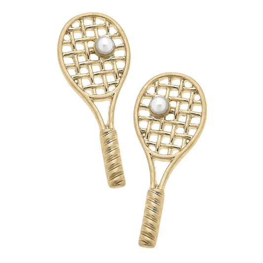Earring - Justine Pearl Tennis Racket Stud - Shiny Gold - Findlay Rowe Designs