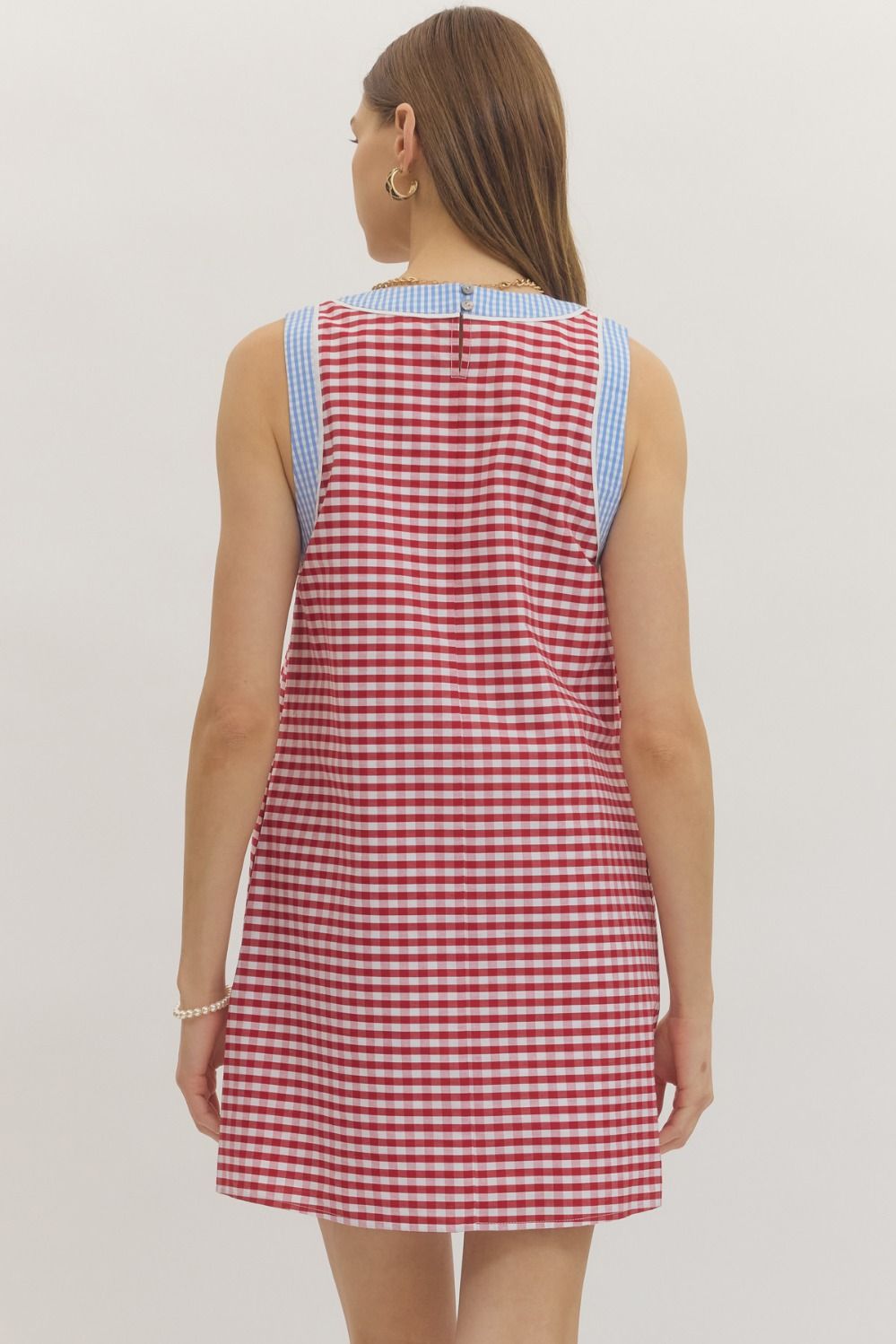 Entro - Dress - Mini Sleeveless Gingham Split Neck - Red - Findlay Rowe Designs