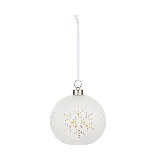 Ornament - White LED Ceramic Snowflake - Round - 4in