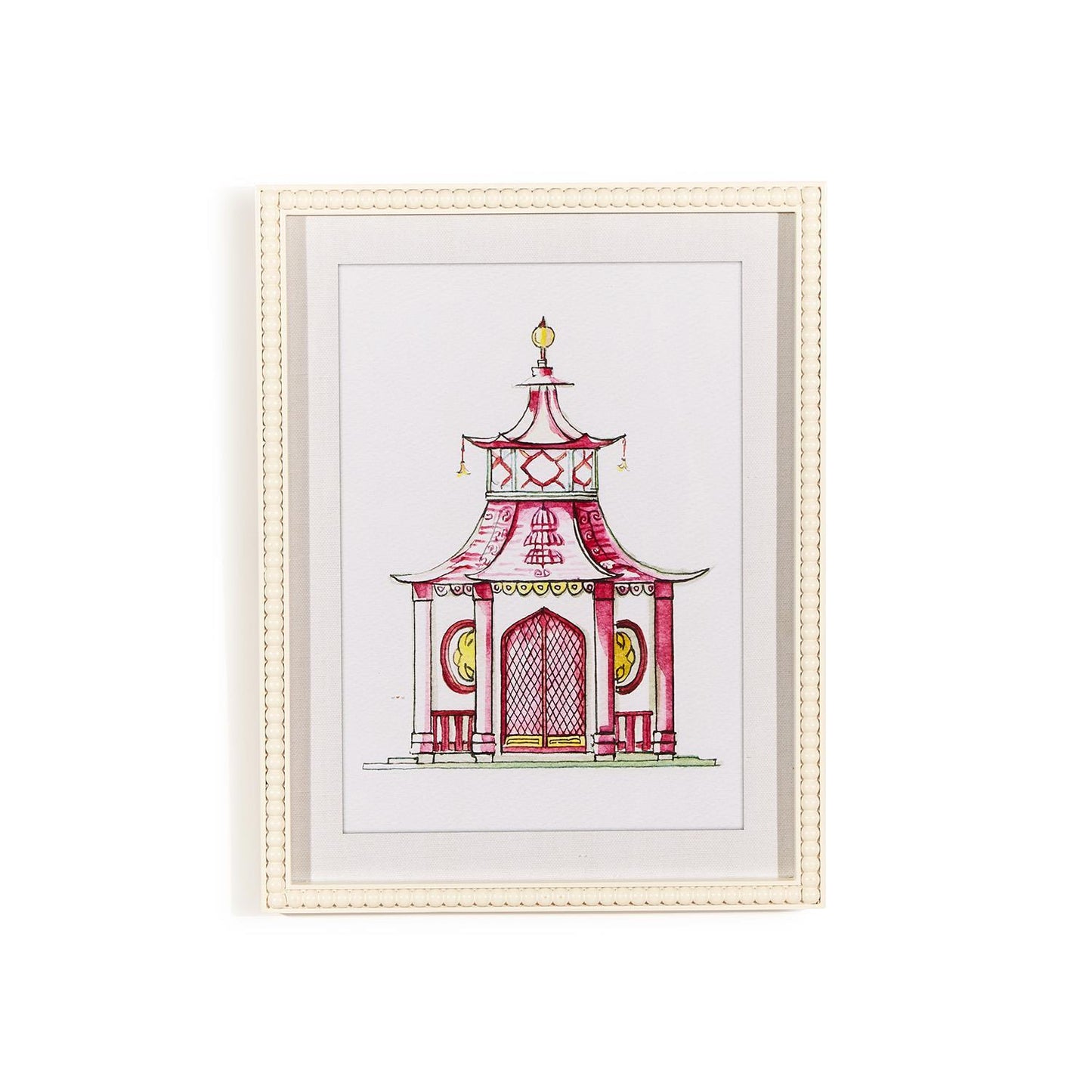 Wall Art Prints - White Beaded Framed - Pink Pagoda - Findlay Rowe Designs