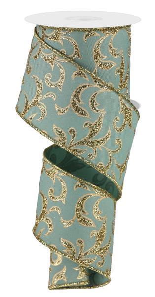A&B Floral - Ribbon - 2.5in Acanthus Leaf - Sage Gold