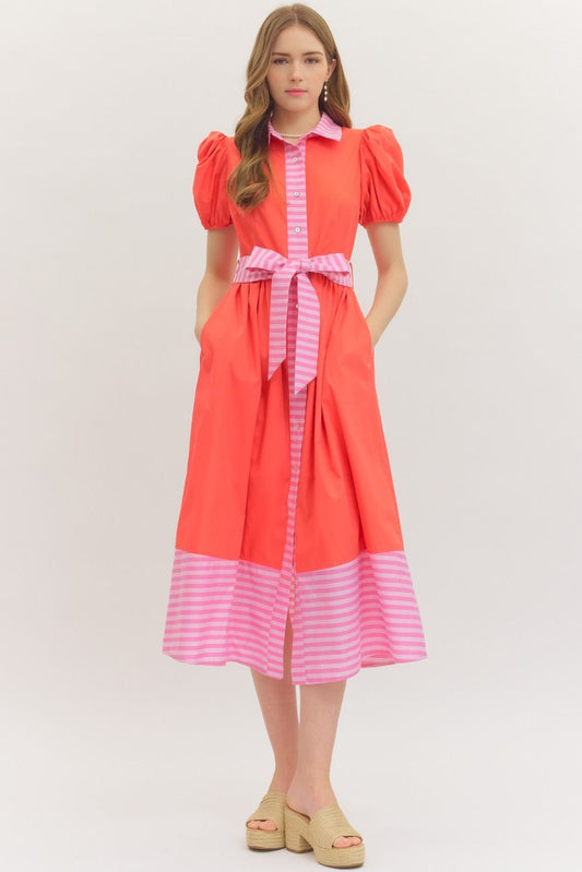 Entro Dress - Striped Trim - Red Pink - Findlay Rowe Designs